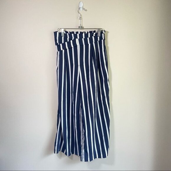 mine apparel Wide Leg Flowy Pants Waist Tie Vertical Striped Navy White Small - Picture 2 of 5
